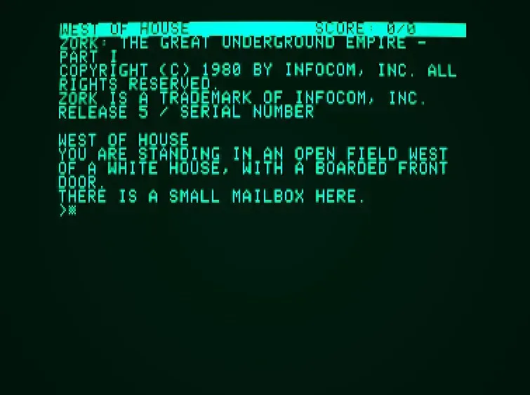 Start of the Zork game on an Apple II machine