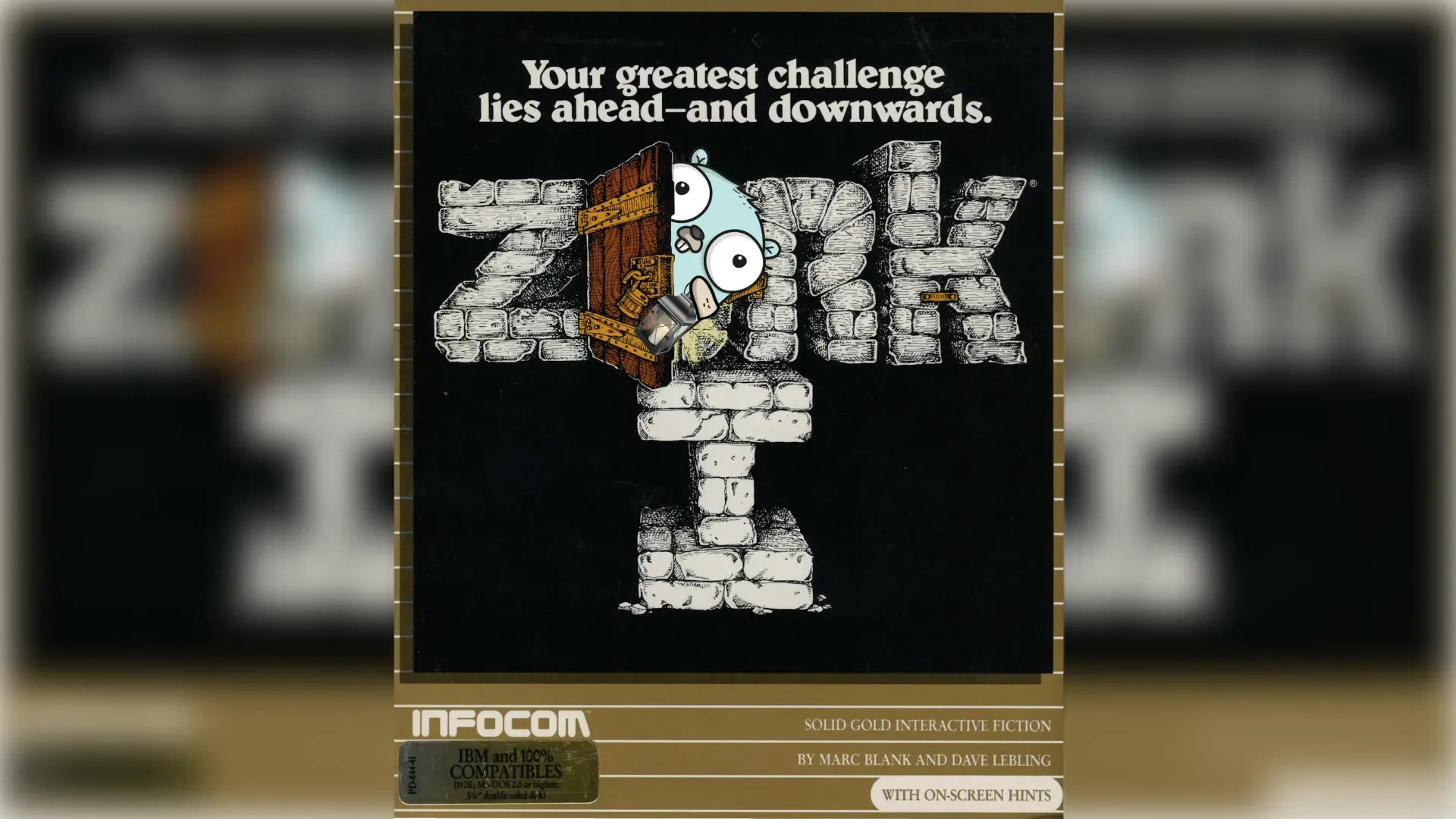 Zork I box art with the Go gopher peeking out from behind a dungeon door